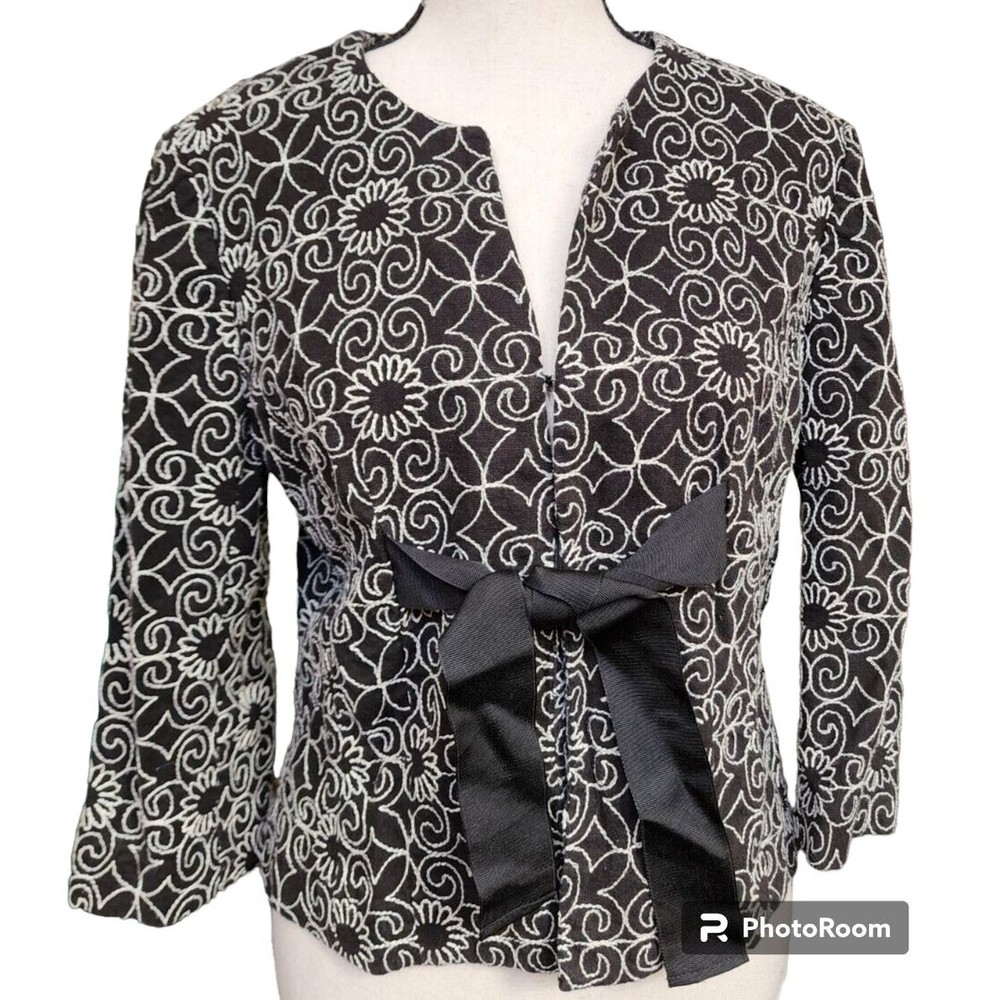 Bandolino Embroidered Jacket Top Linen Blend Size 8P Black/White